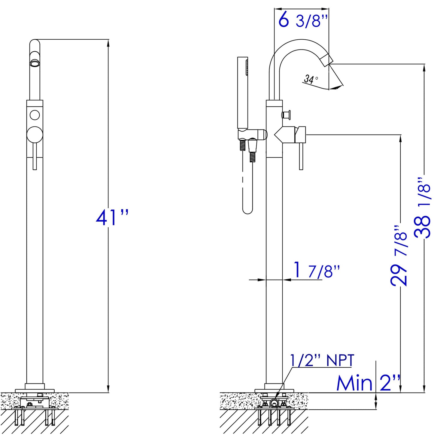 Alfi brand AB2534 Floor Mount Tub Filler with Shower Head Polished/Brushed