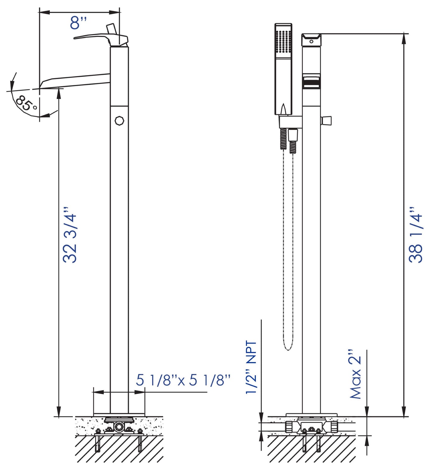 ALFI brand AB2843 Single Hole Floor Mounted Waterfall Tub Filler