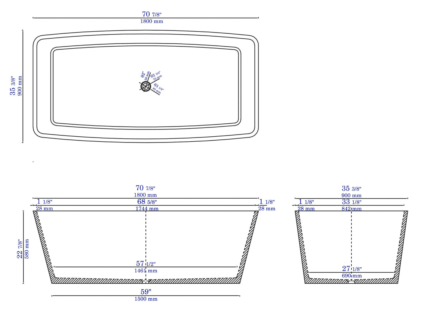 ALFI brand ABCO71TUB 71" Solid Concrete Rectangular Freestanding Bathtub