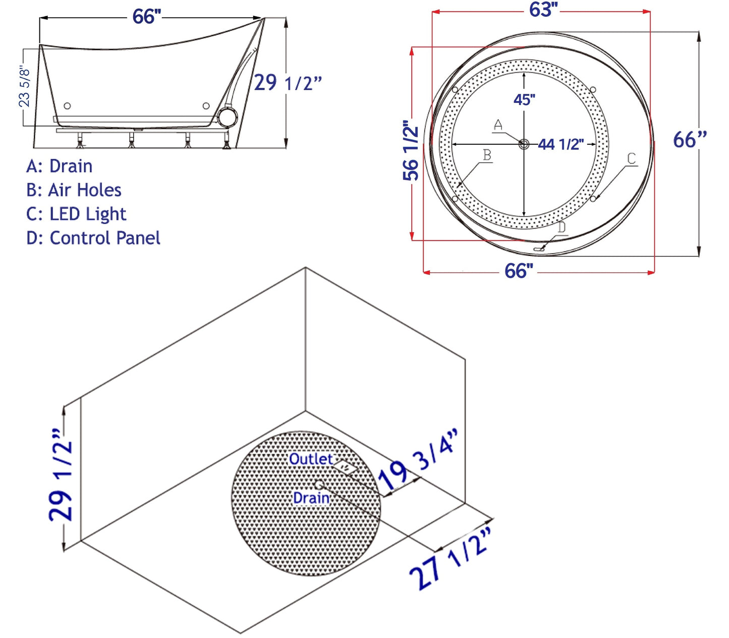 EAGO AM2130 66" Round Free Standing Acrylic Air Bubble Bathtub