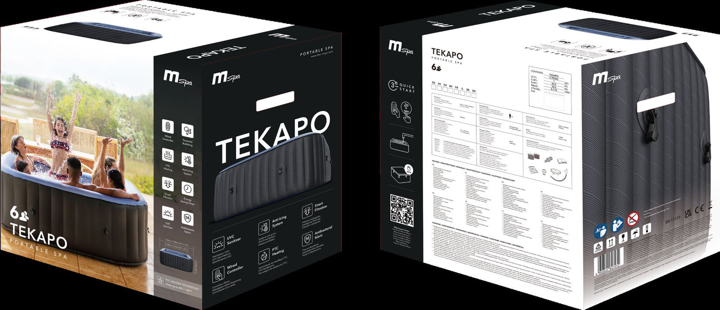 MSpa Two views of a TEKAPO inflatable hot tub packaging box. - Luxe Tub Source