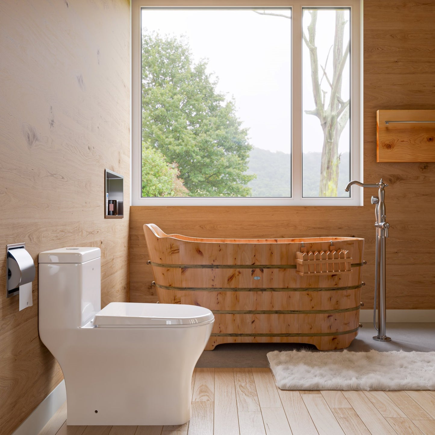ALFI brand AB1103 59 Inch Free Standing Cedar Wood Bathtub with Bench