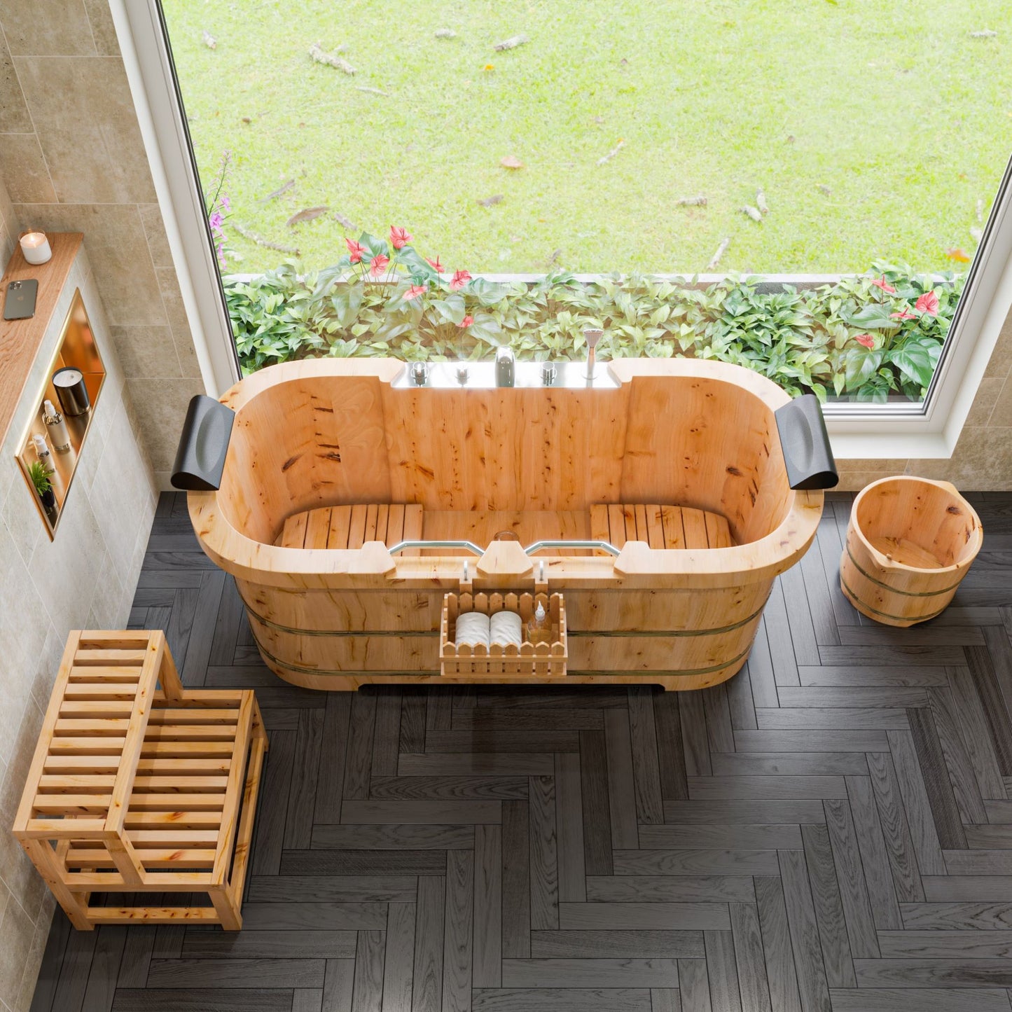 ALFI brand AB1130 65" 2 Person Free Standing Cedar Wooden Bathtub with Fixtures & Headrests