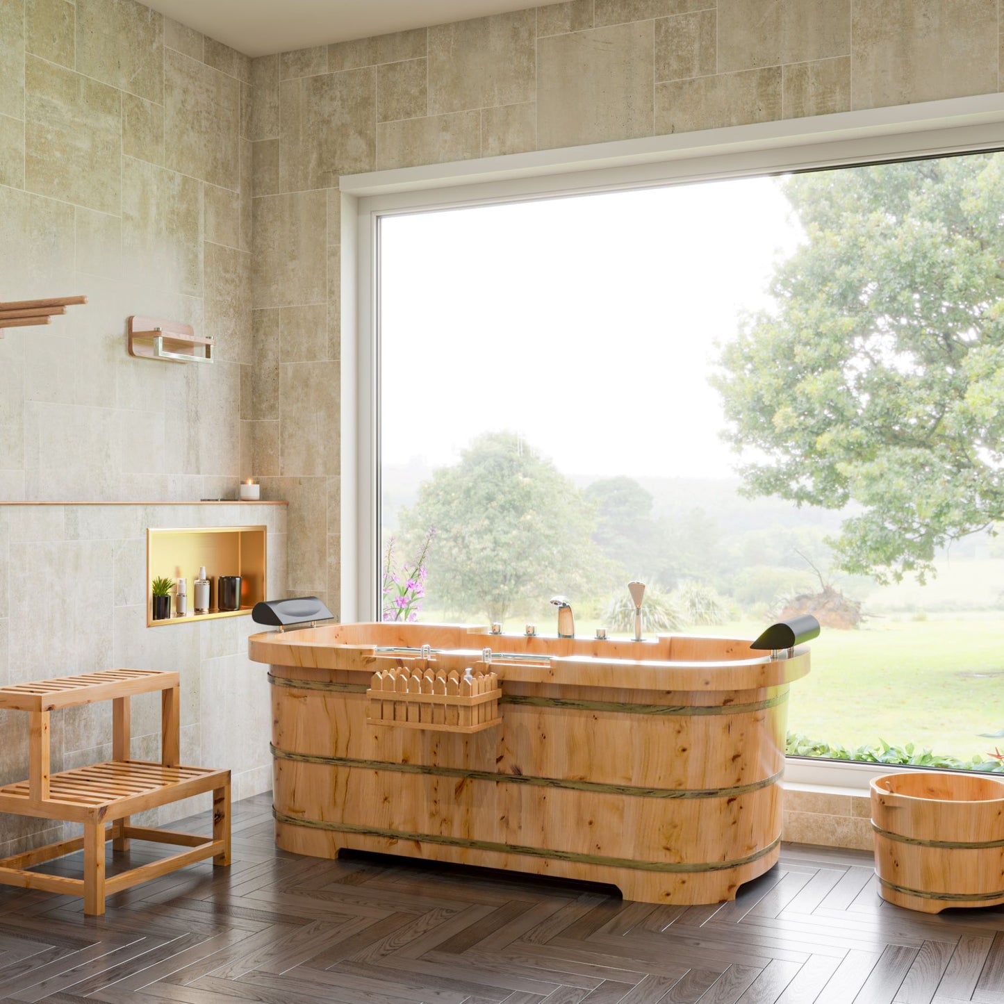 ALFI brand AB1130 65" 2 Person Free Standing Cedar Wooden Bathtub with Fixtures & Headrests