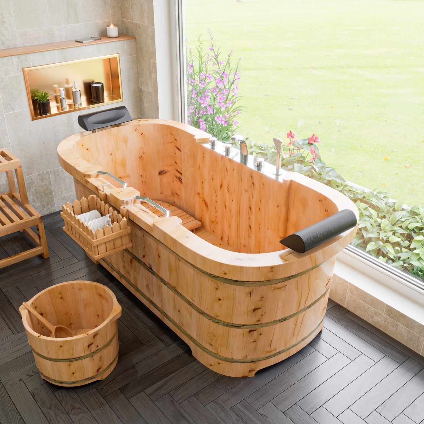 ALFI brand AB1130 65" 2 Person Free Standing Cedar Wooden Bathtub with Fixtures & Headrests