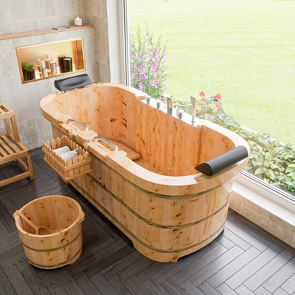 ALFI brand AB1130 65" 2 Person Free Standing Cedar Wooden Bathtub with Fixtures & Headrests