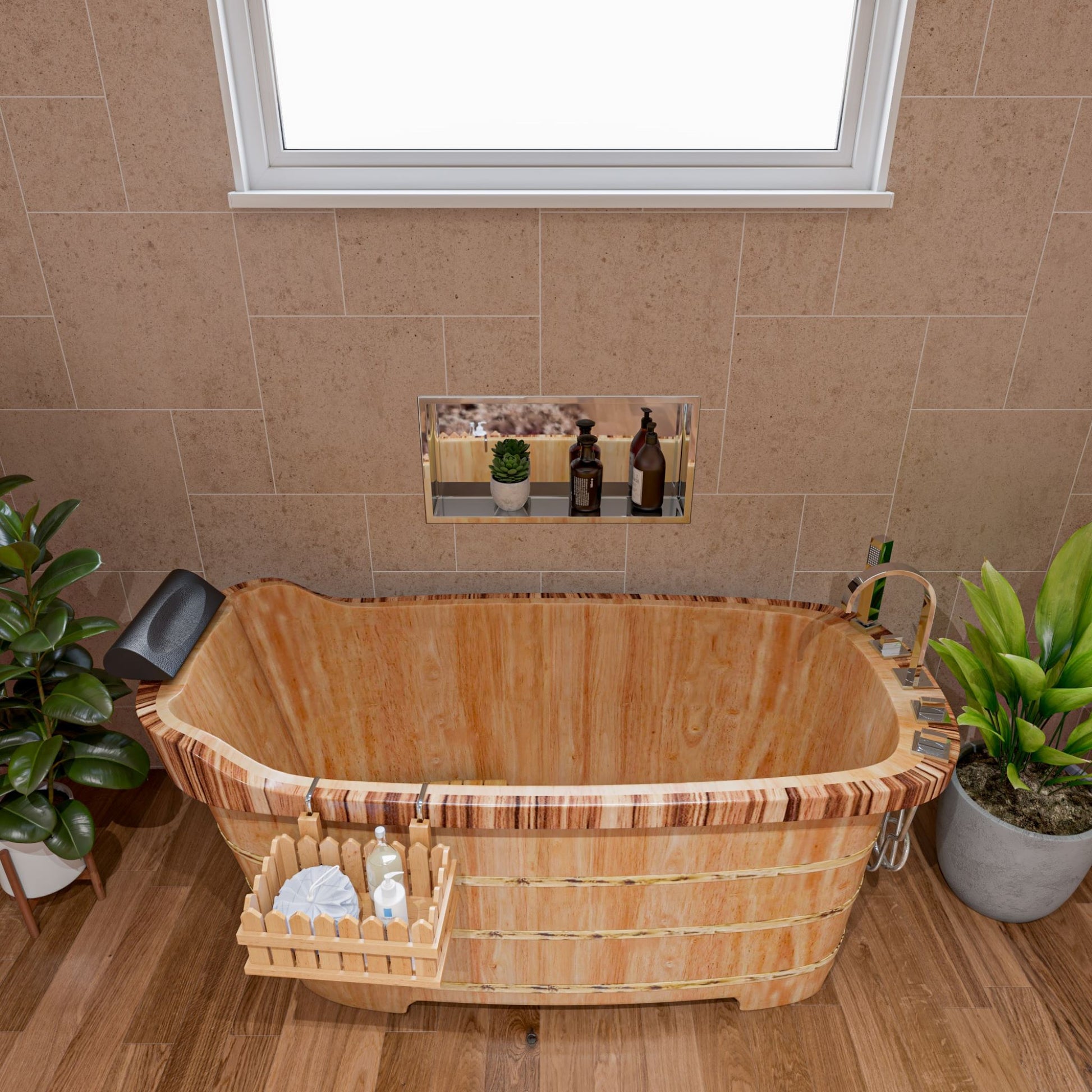 ALFI Brand Wooden bathtub in a bathroom with plants. - Luxe Tub Source