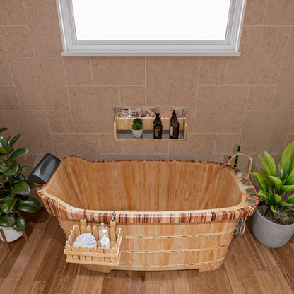 ALFI Brand Wooden bathtub in a bathroom with plants. - Luxe Tub Source