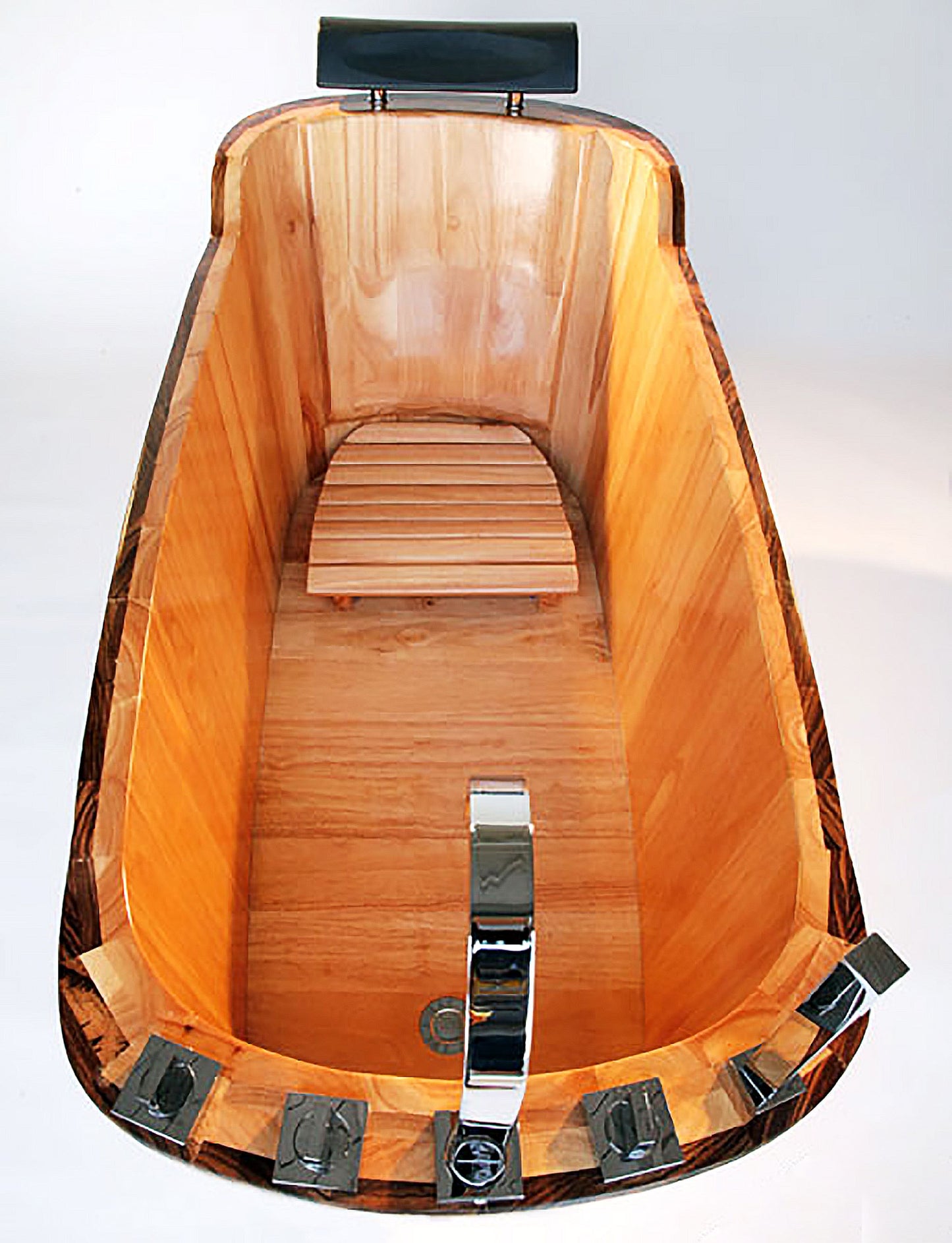 ALFI Brand top angled view of Wooden Bathtub with metal fixtures - Luxe Tub Source