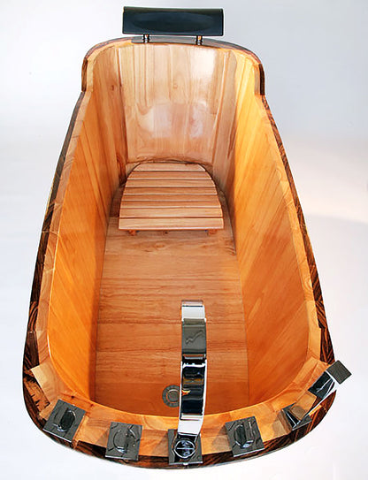 ALFI Brand top angled view of Wooden Bathtub with metal fixtures - Luxe Tub Source
