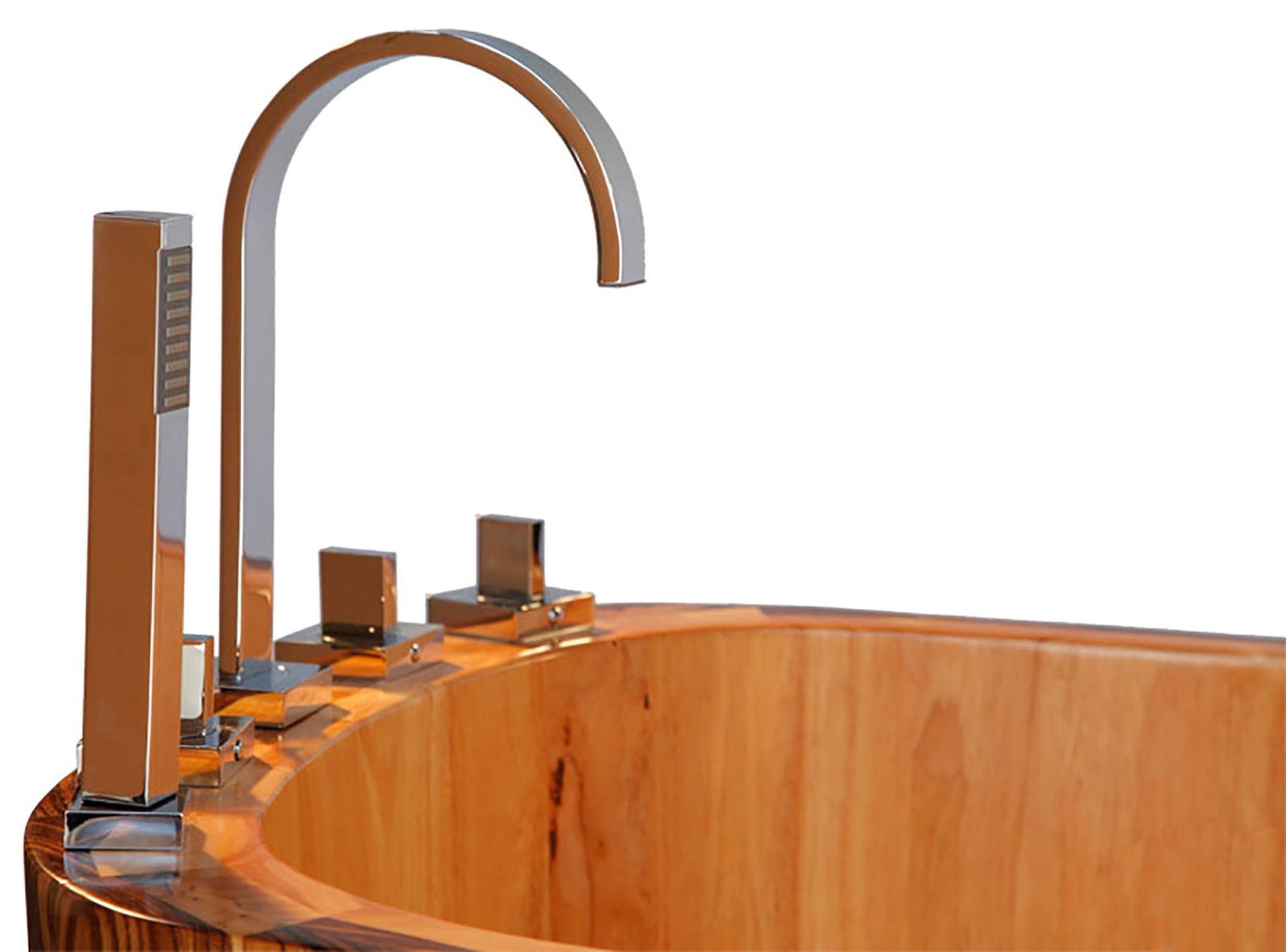ALFI Brand close-up of Wooden tub with a modern metal faucet.  - Luxe Tub Source