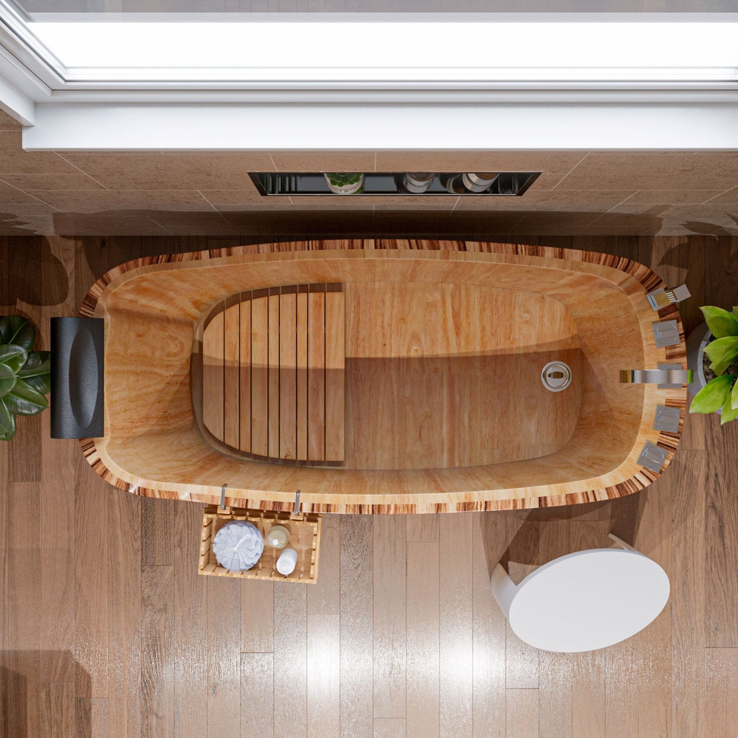 ALFI Brand top view of Wooden bathtub with plants around the tub.  - Luxe Tub Source