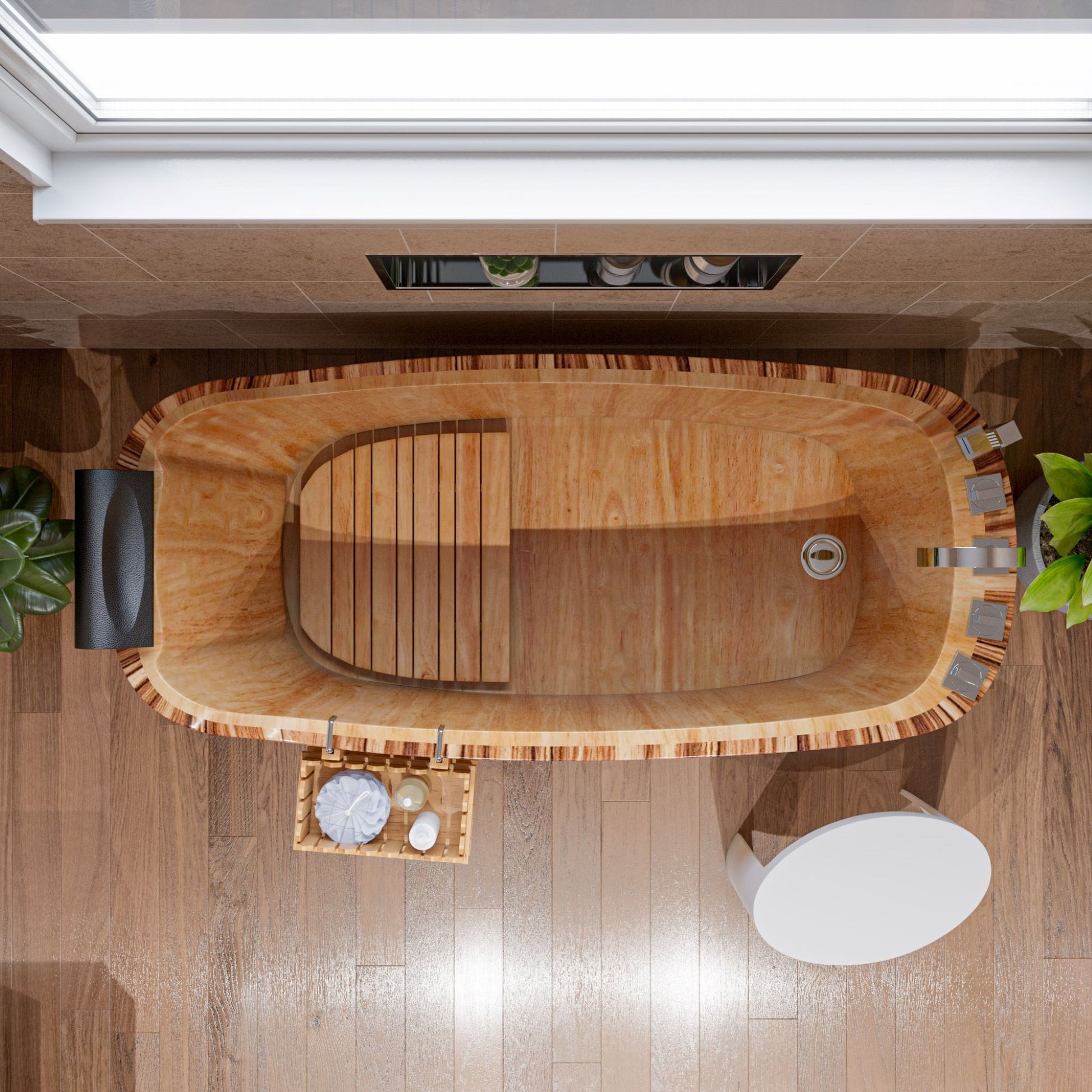 ALFI Brand top view of Wooden bathtub with plants around the tub.  - Luxe Tub Source