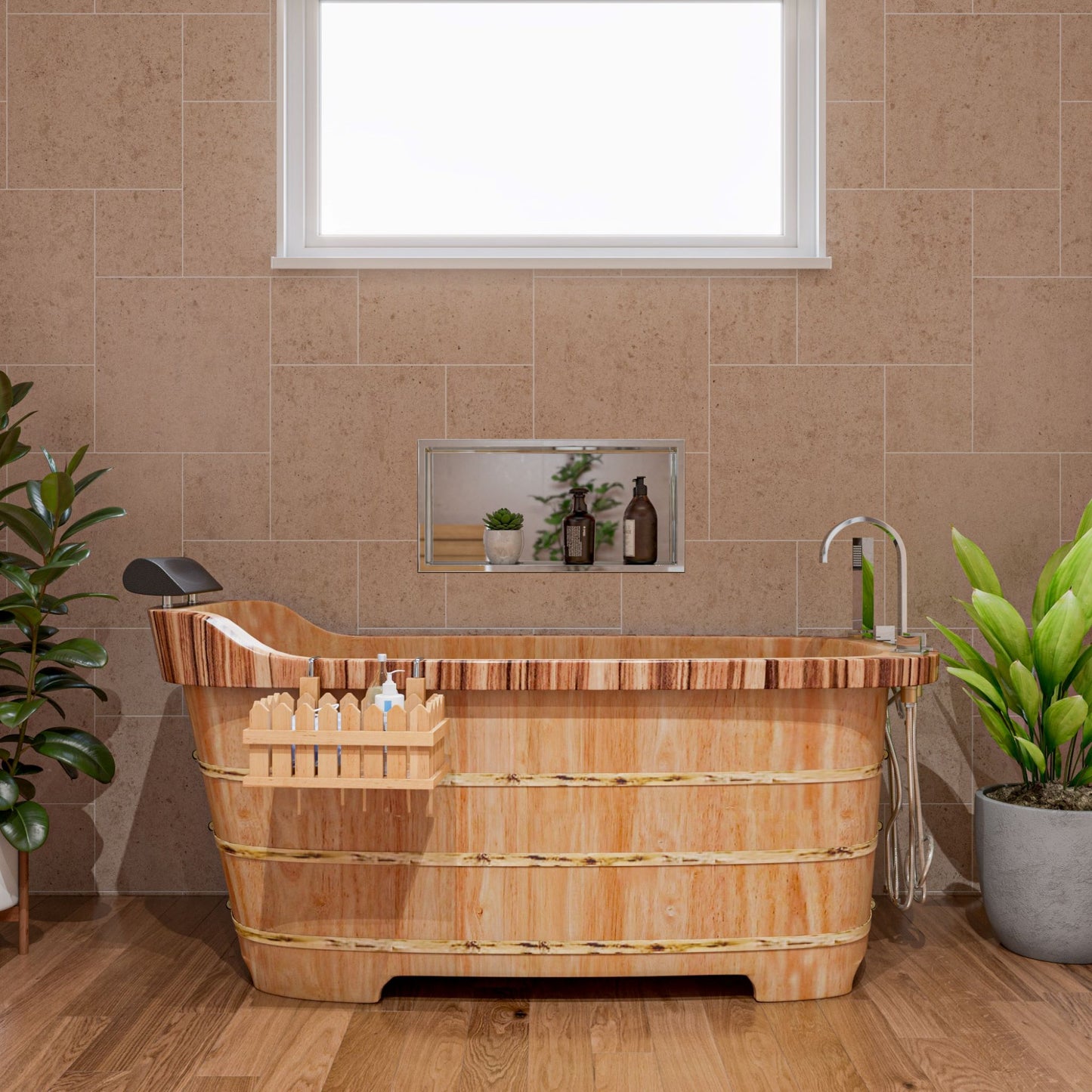 ALFI Brand Wooden bathtub in a bathroom with tiled walls and plants. - Luxe Tub Source