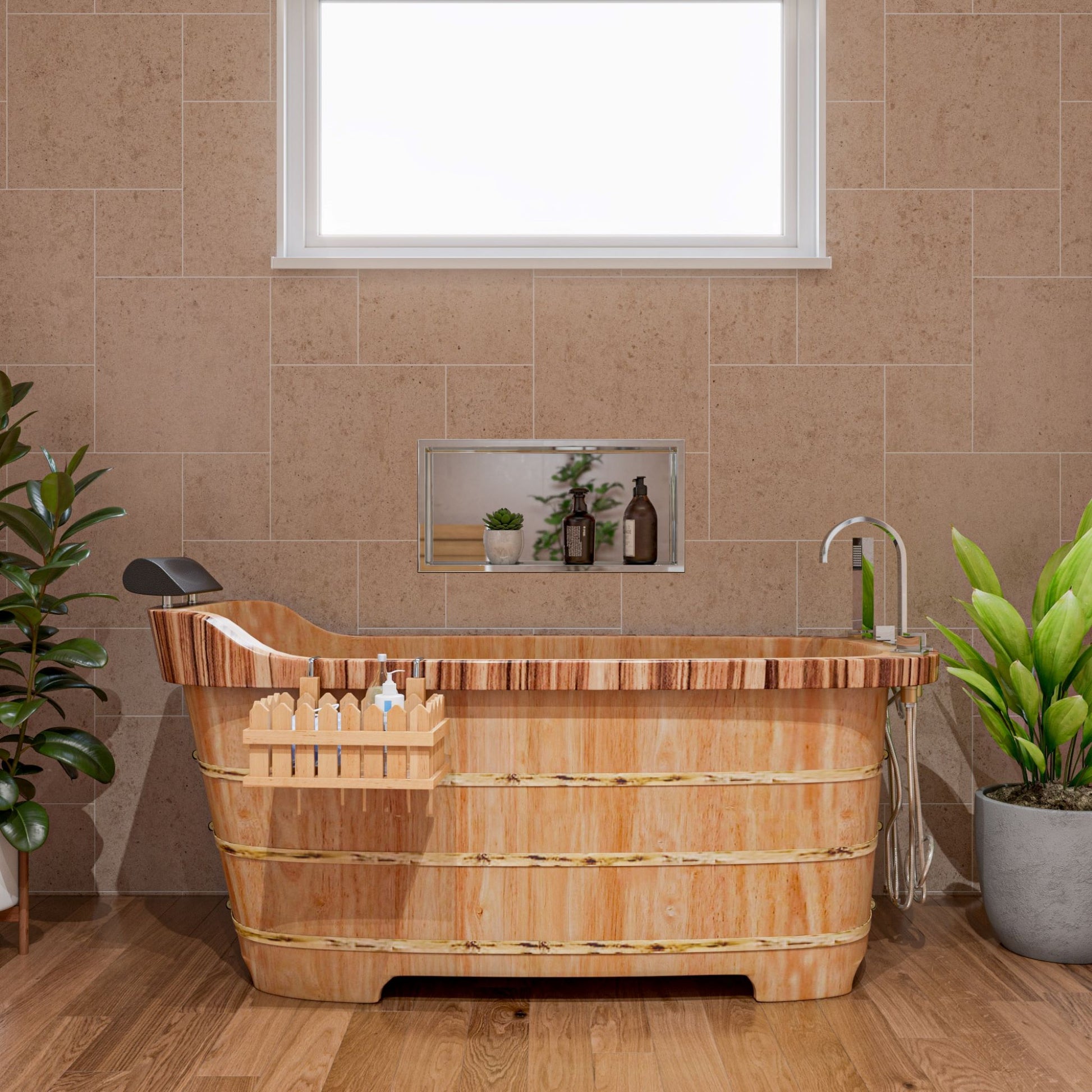 ALFI Brand Wooden bathtub in a bathroom with tiled walls and plants. - Luxe Tub Source