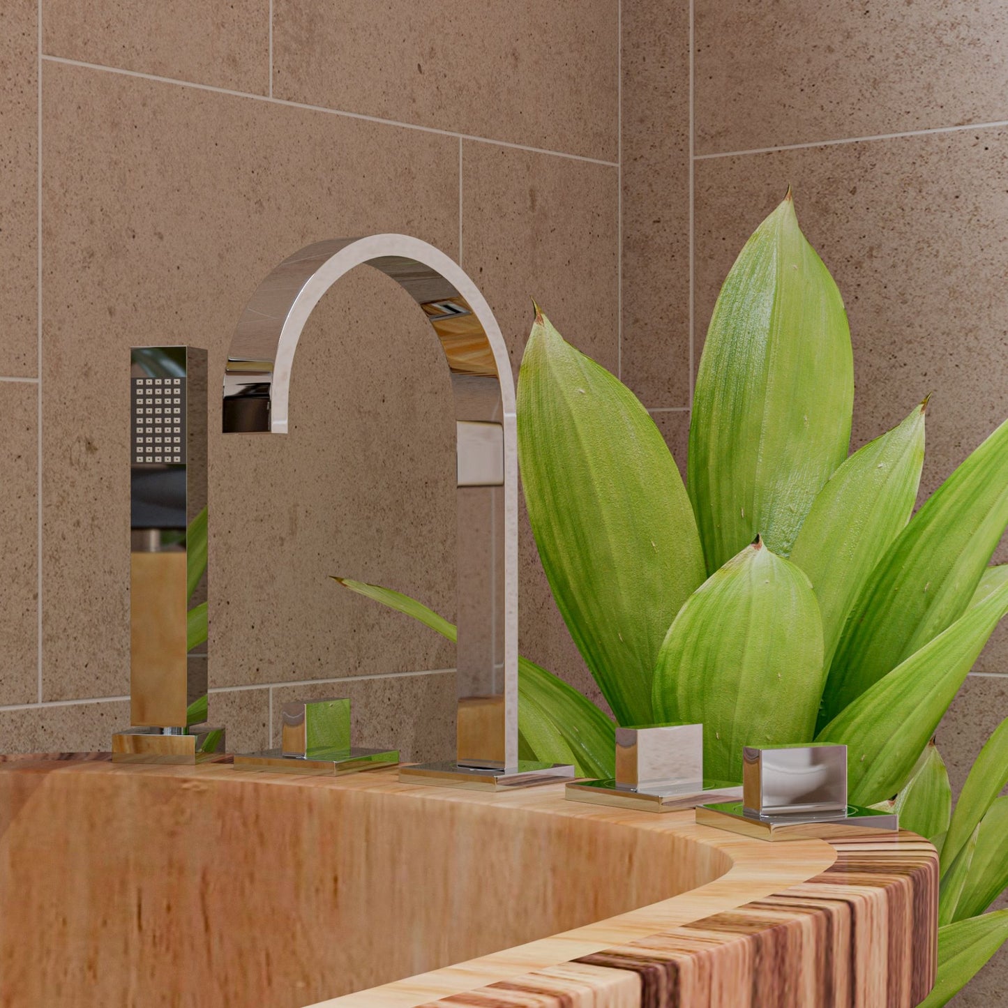 ALFI Brand Modern bathroom setup with a faucet, shower head, and decorative plants against a tiled wall.  - Luxe Tub Source