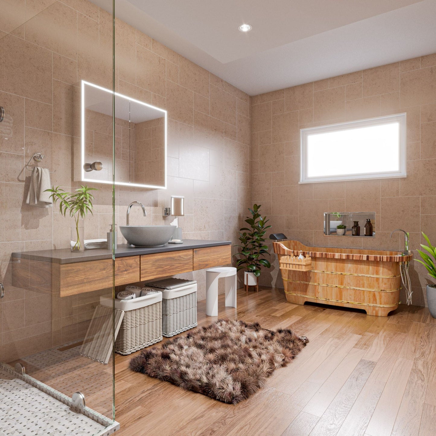ALFI Brand Modern bathroom with wooden vanity, bathtub, and plants.  - Luxe Tub Source