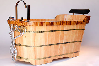 ALFI Brand rear view of Wooden bathtub with metal fixtures.  - Luxe Tub Source