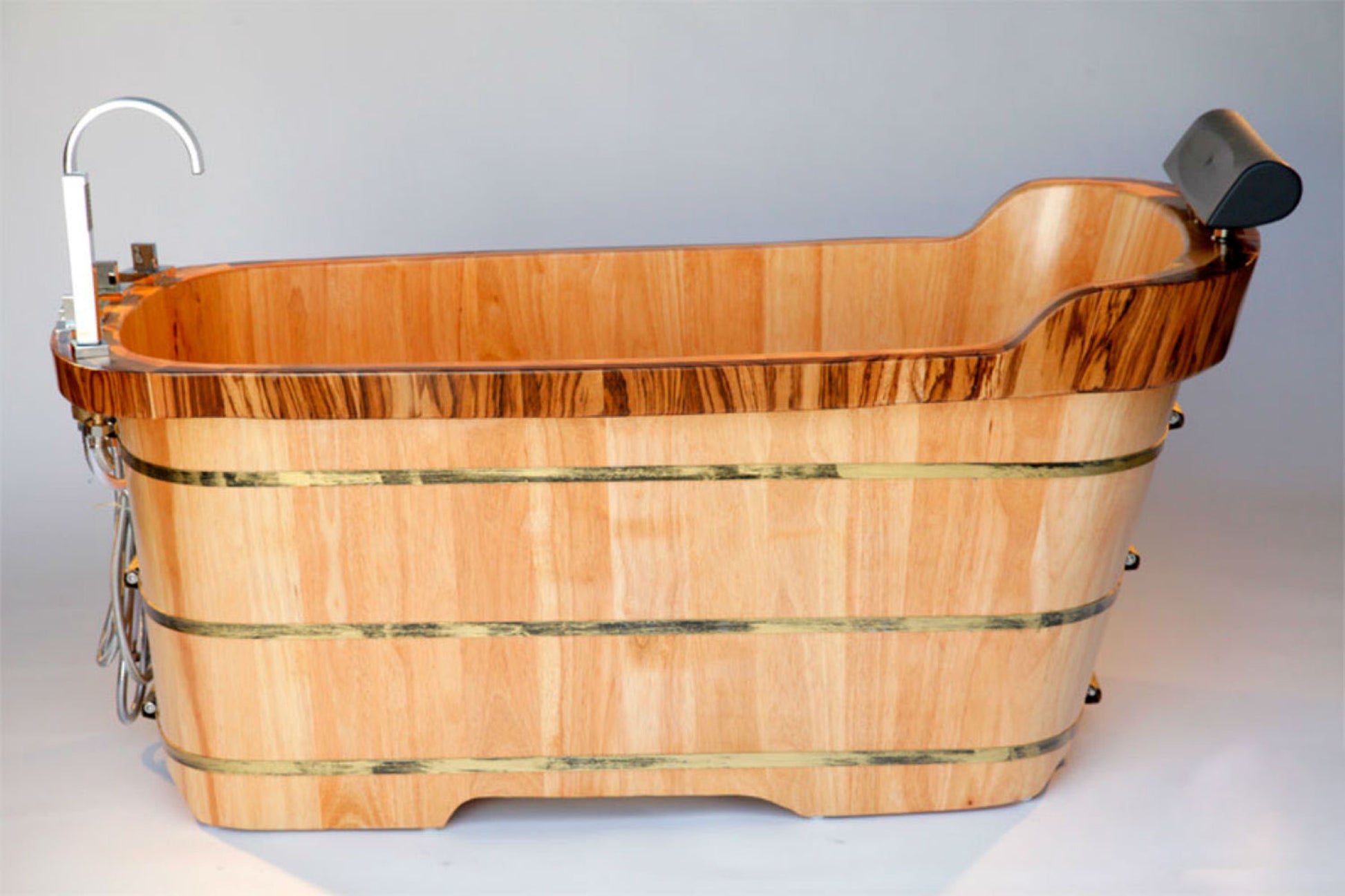 ALFI Brand Wooden bathtub with metal faucet fixtures.  - Luxe Tub Source