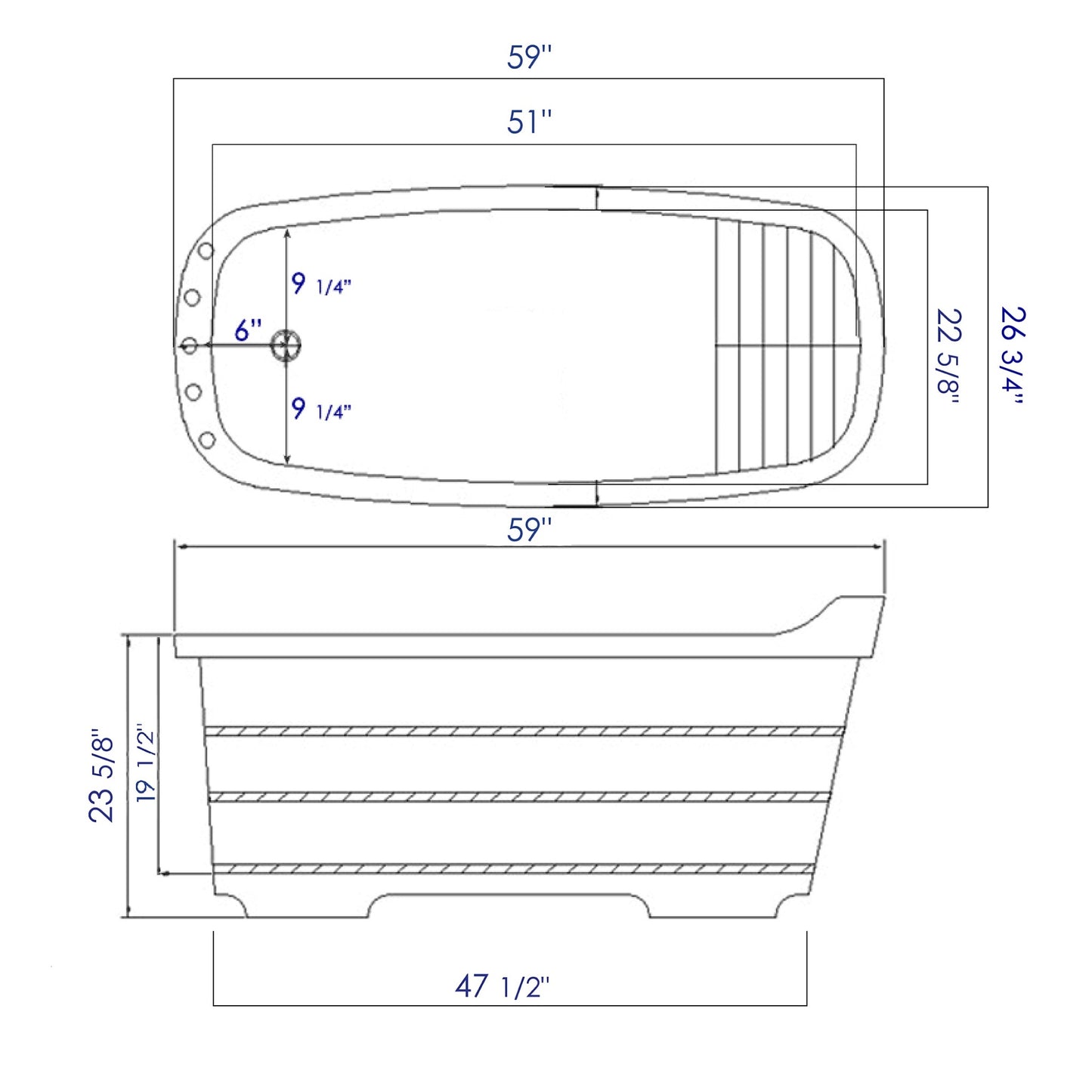 ALFI Brand Wooden Bathtub Technical drawing with dimensions labeled.  - Luxe Tub Source