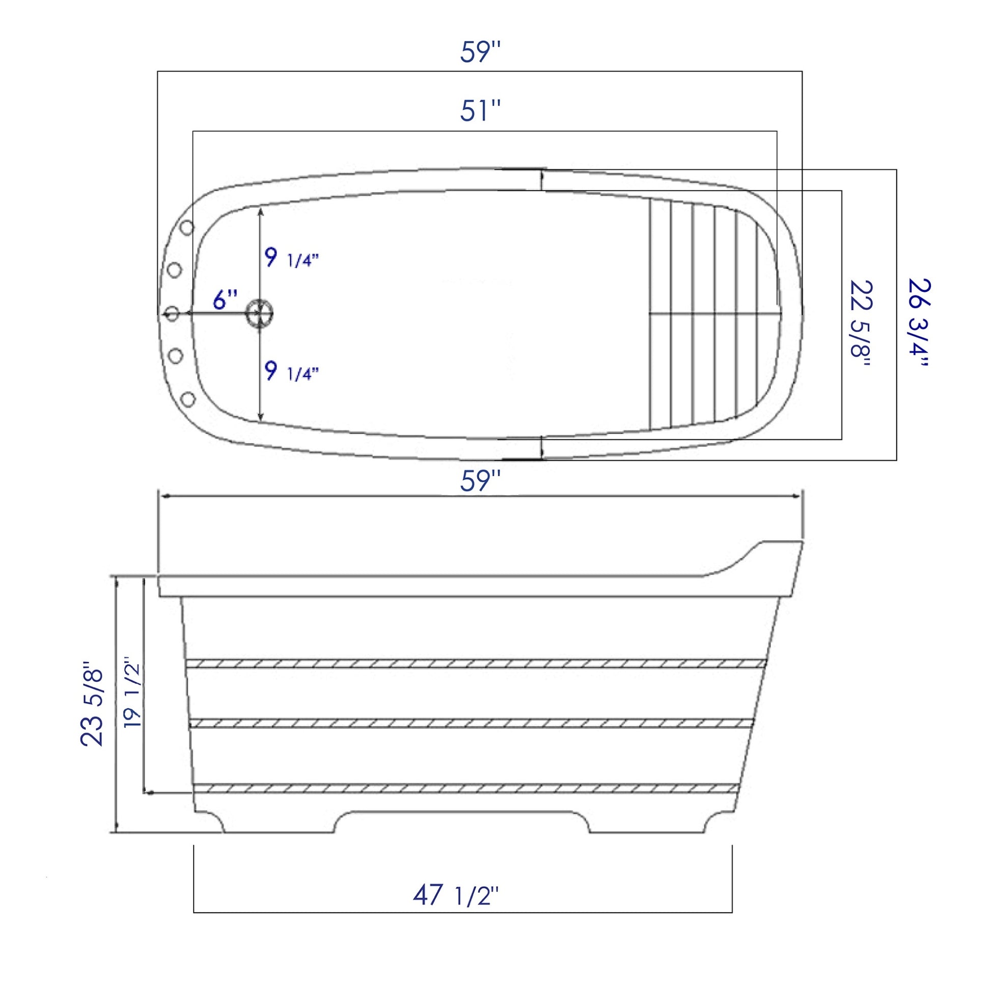 ALFI Brand Wooden Bathtub Technical drawing with dimensions labeled.  - Luxe Tub Source