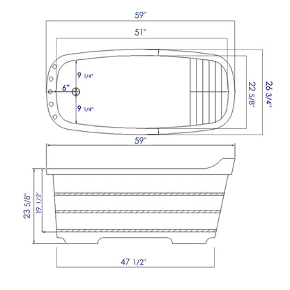 ALFI Brand Wooden Bathtub Technical drawing with dimensions labeled.  - Luxe Tub Source