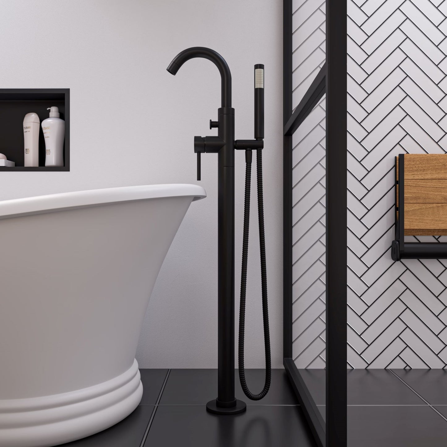 Alfi brand AB2534 Floor Mount Tub Filler with Shower Head Polished/Brushed