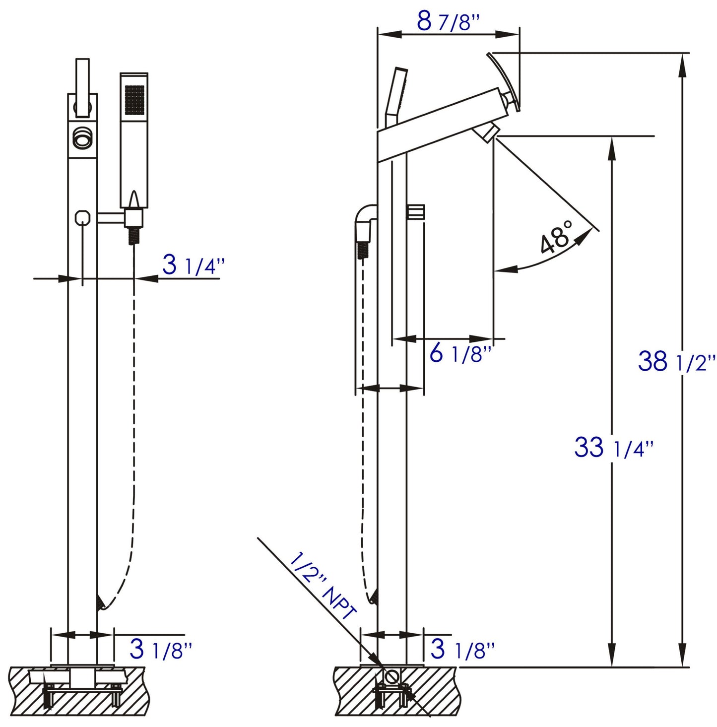 ALFI brand AB2728 Floor Mounted Tub Filler + Mixer Hand Held Shower Head