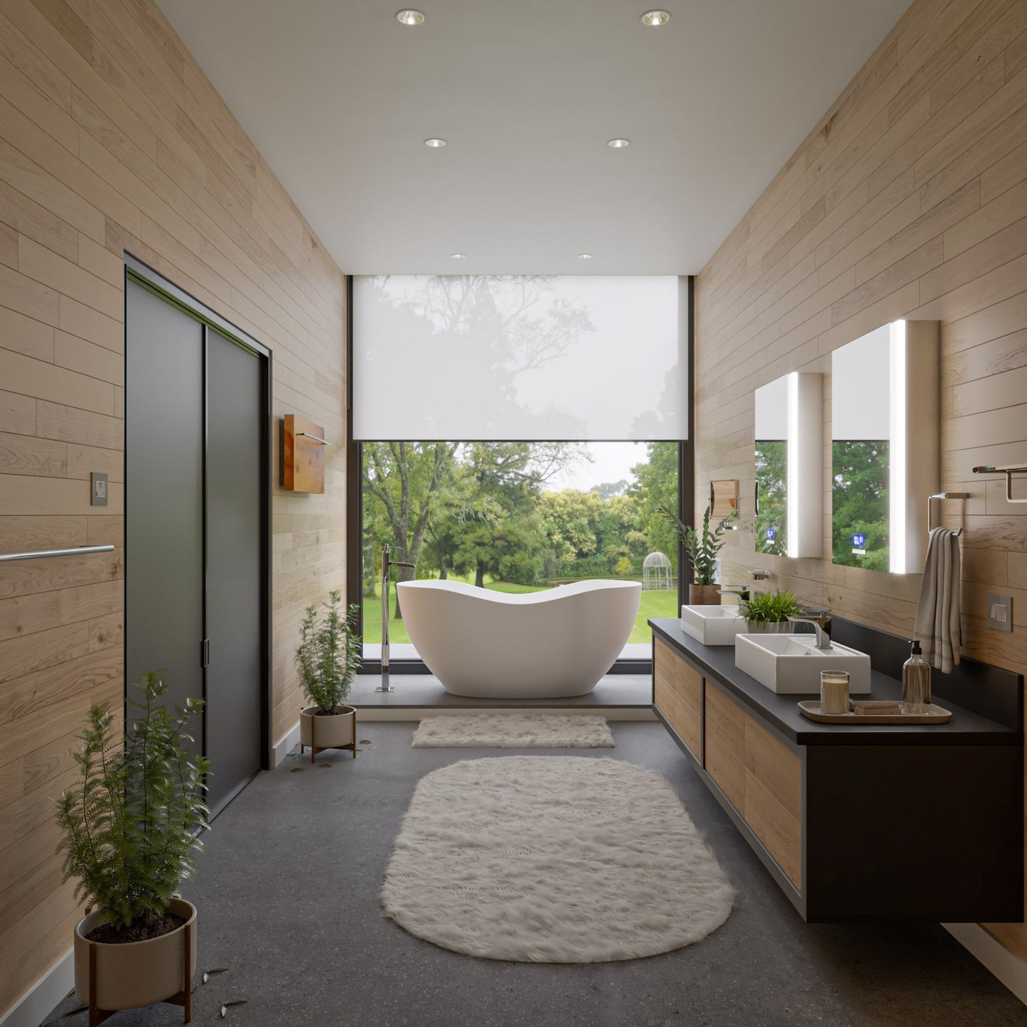 ALFI Brand Modern bathroom with a freestanding bathtub, sink, and large windows overlooking greenery. - Luxe Tub Source