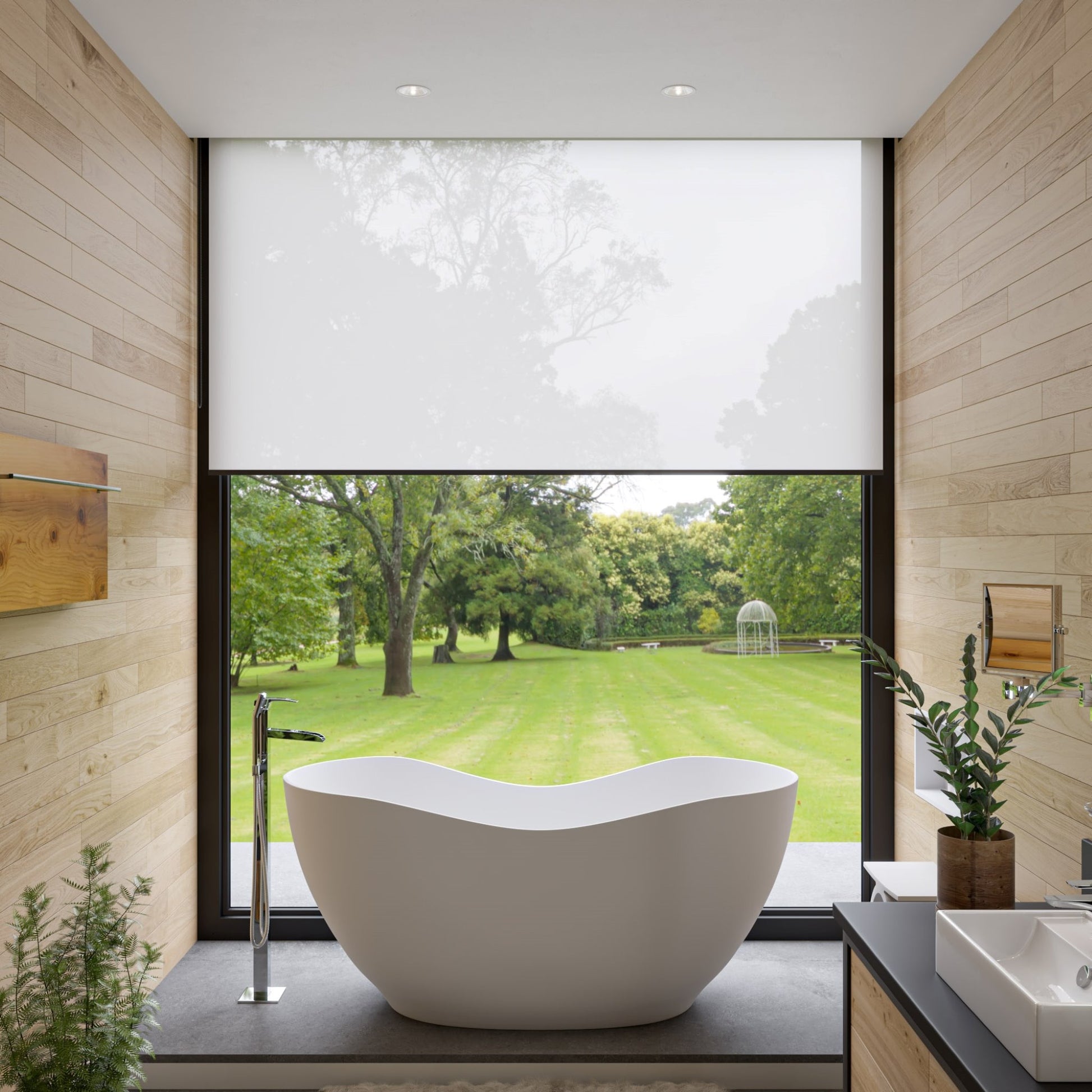 ALFI Brand Modern bathroom with a freestanding bathtub and large window view of greenery. - Luxe Tub Source