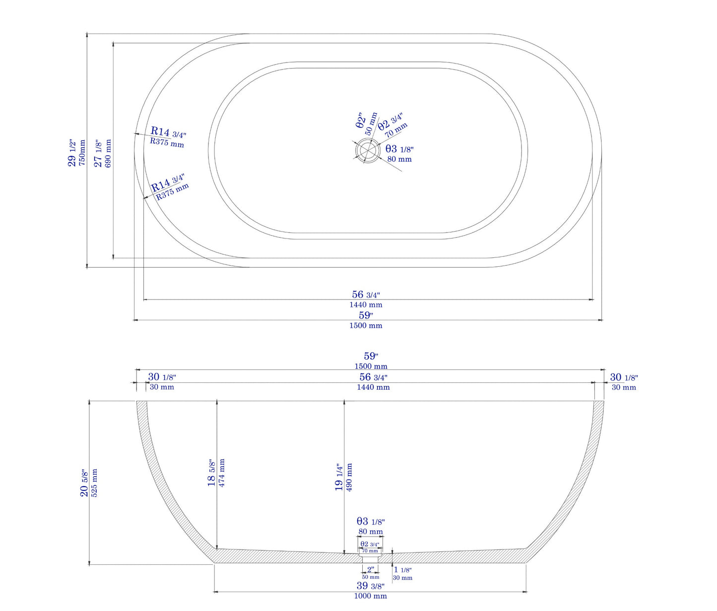 ALFI brand ABCO59TUB 59" Solid Concrete Oval Freestanding Bathtub