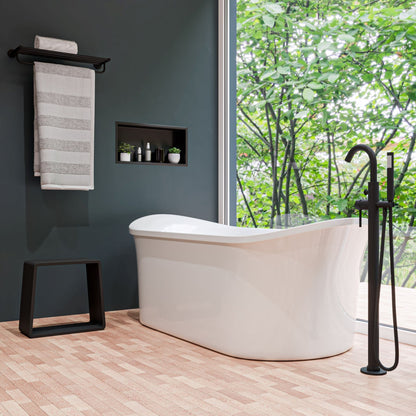 ALFI Brand Modern bathroom with a freestanding bathtub, towel rack, and stool near a large window with greenery outside. - Luxe Tub Source