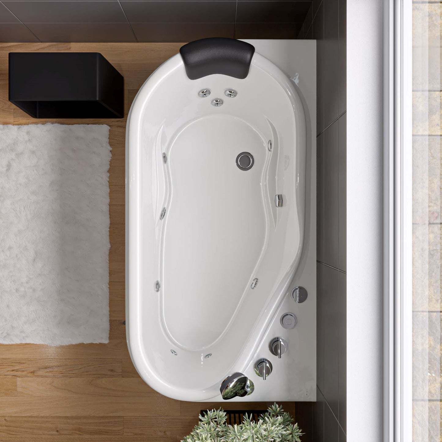 ALFI Brand top view of White bathtub with black bathroom stool in a bathroom setting. - Luxe Tub Source