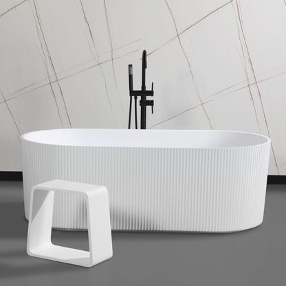 ALFI Brand White freestanding bathtub with a modern design and a bathroom stool in a bathroom setting. - Luxe Tub Source