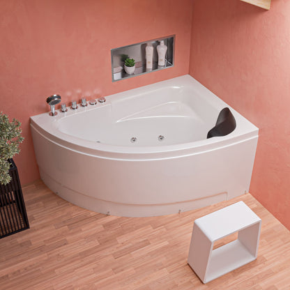 ALFI Brand Corner bathtub in a bathroom with pink walls and a bathroom stool. - Luxe Tub Source