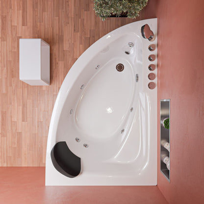 ALFI Brand Modern white corner bathtub with jets and a bathroom stool in a bathroom setting. - Luxe Tub Source