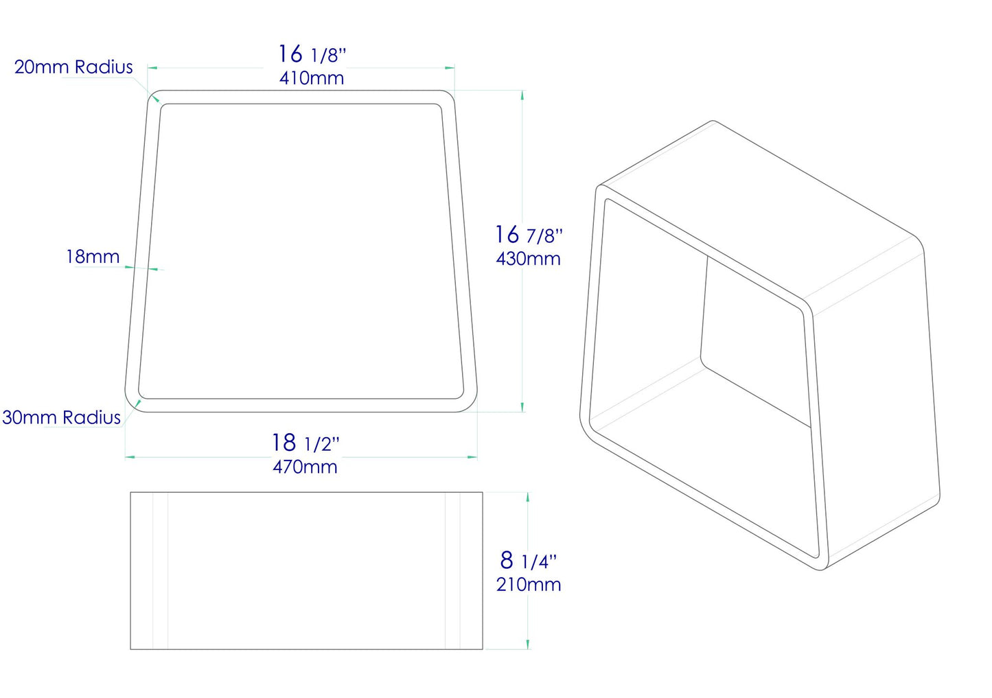 ALFI Brand Technical drawing of a geometric shape bathroom stool with dimensions labeled. - Luxe Tub Source