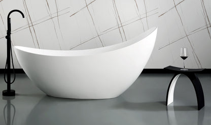 ALFI Brand Modern white freestanding bathtub and modern bathroom stool in a bathroom with a geometric wall design. - Luxe Tub Source