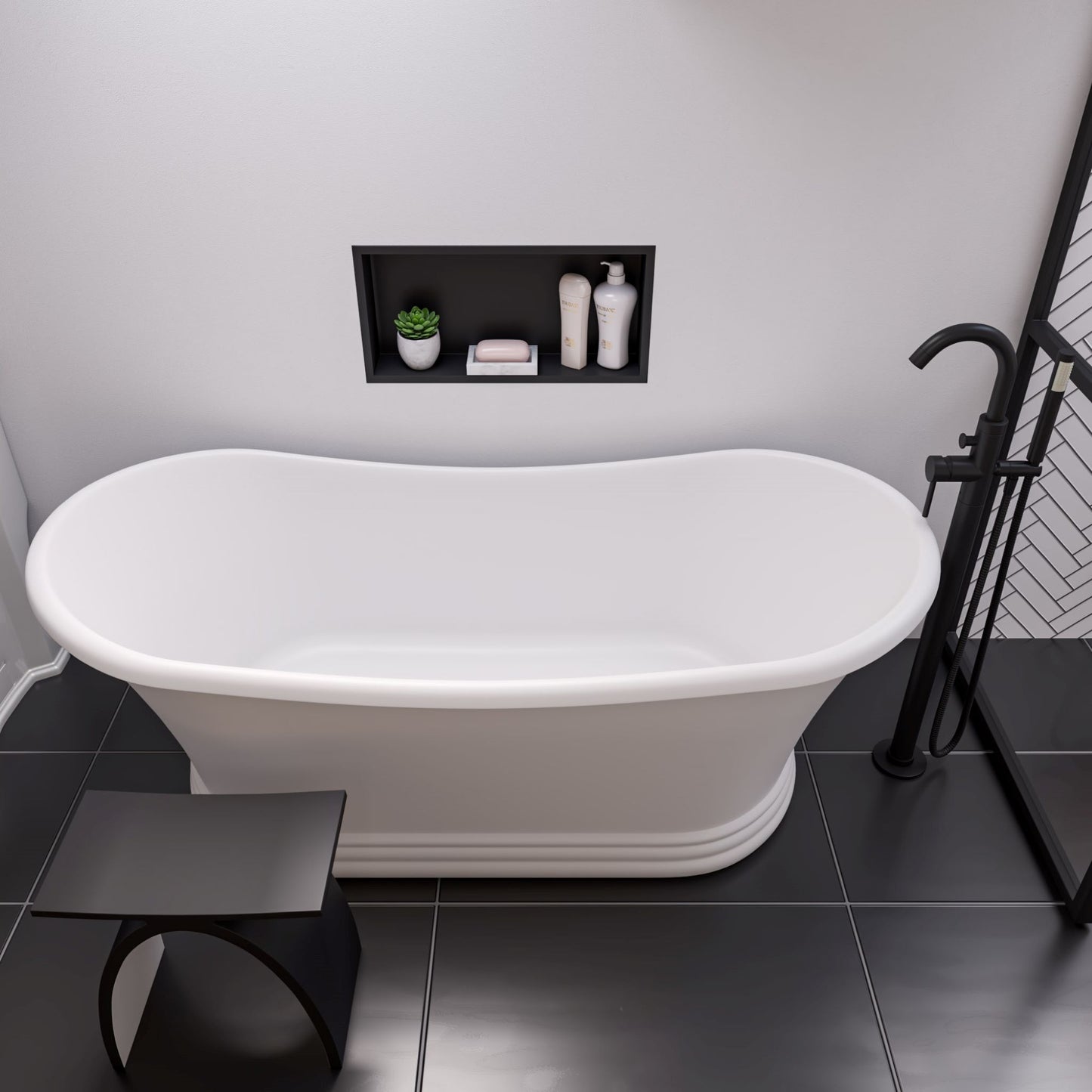 ALFI Brand White freestanding bathtub and black bathroom stool in a modern bathroom with black tiles and decorative elements. - Luxe Tub Source