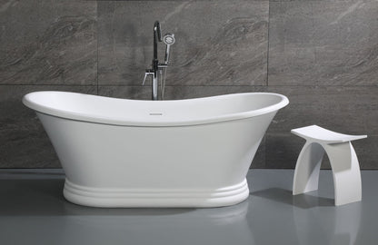 ALFI Brand White freestanding bathtub with a bathroom stool against a gray tiled wall. - Luxe Tub Source