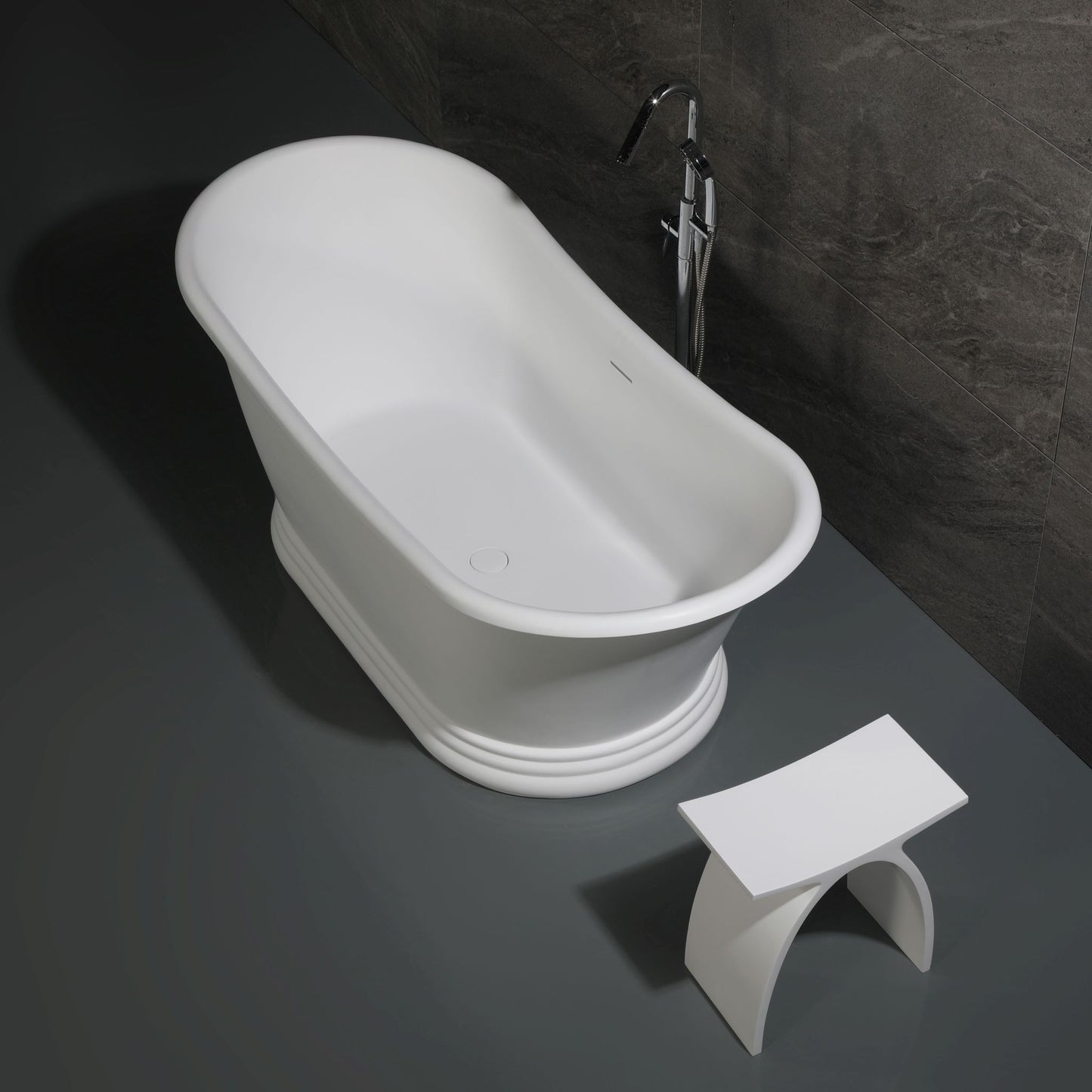 ALFI Brand White freestanding bathtub with a modern faucet and bathroom stool against a dark wall. - Luxe Tub Source