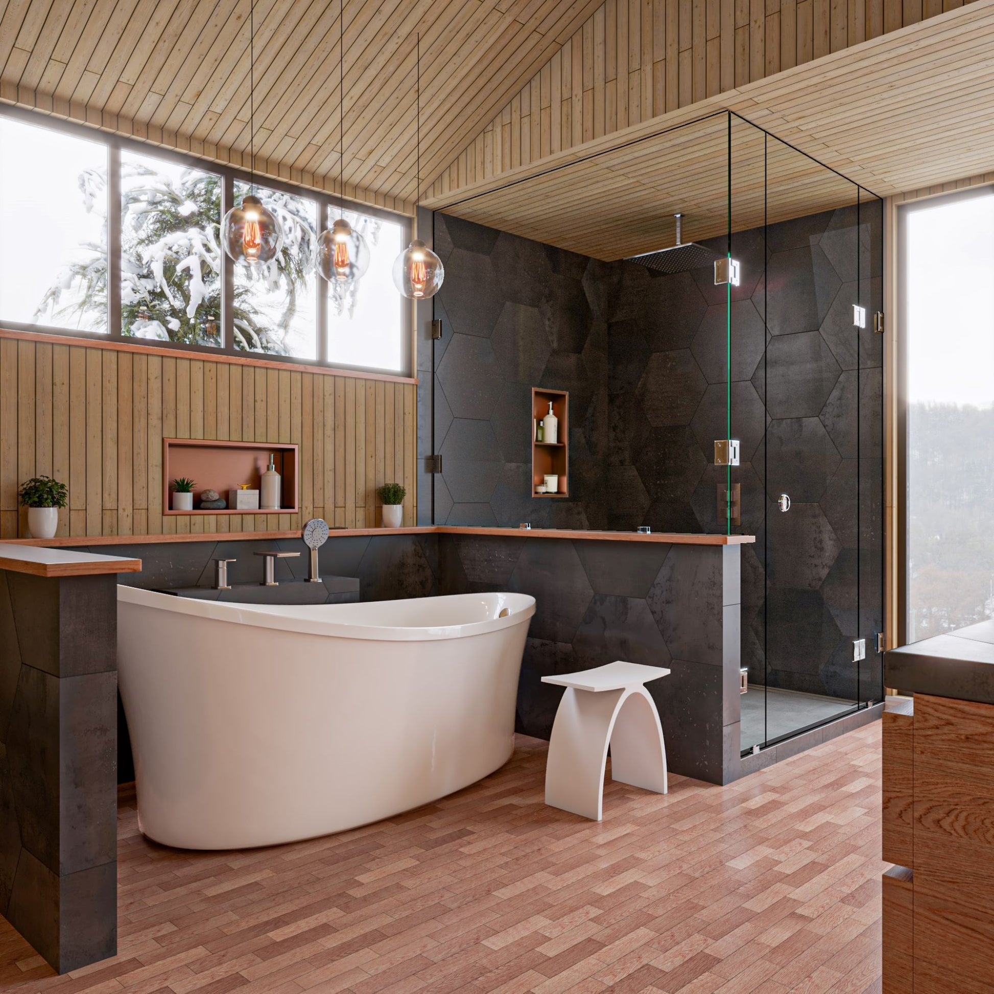 ALFI Brand Modern bathroom with freestanding bathtub, bathroom stool, wooden floor, and glass shower enclosure. - Luxe Tub Source