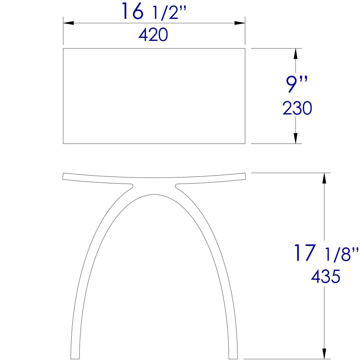 ALFI Brand bathroom stool Measurement chart with dimensions labeled in inches and millimeters. - Luxe Tub Source