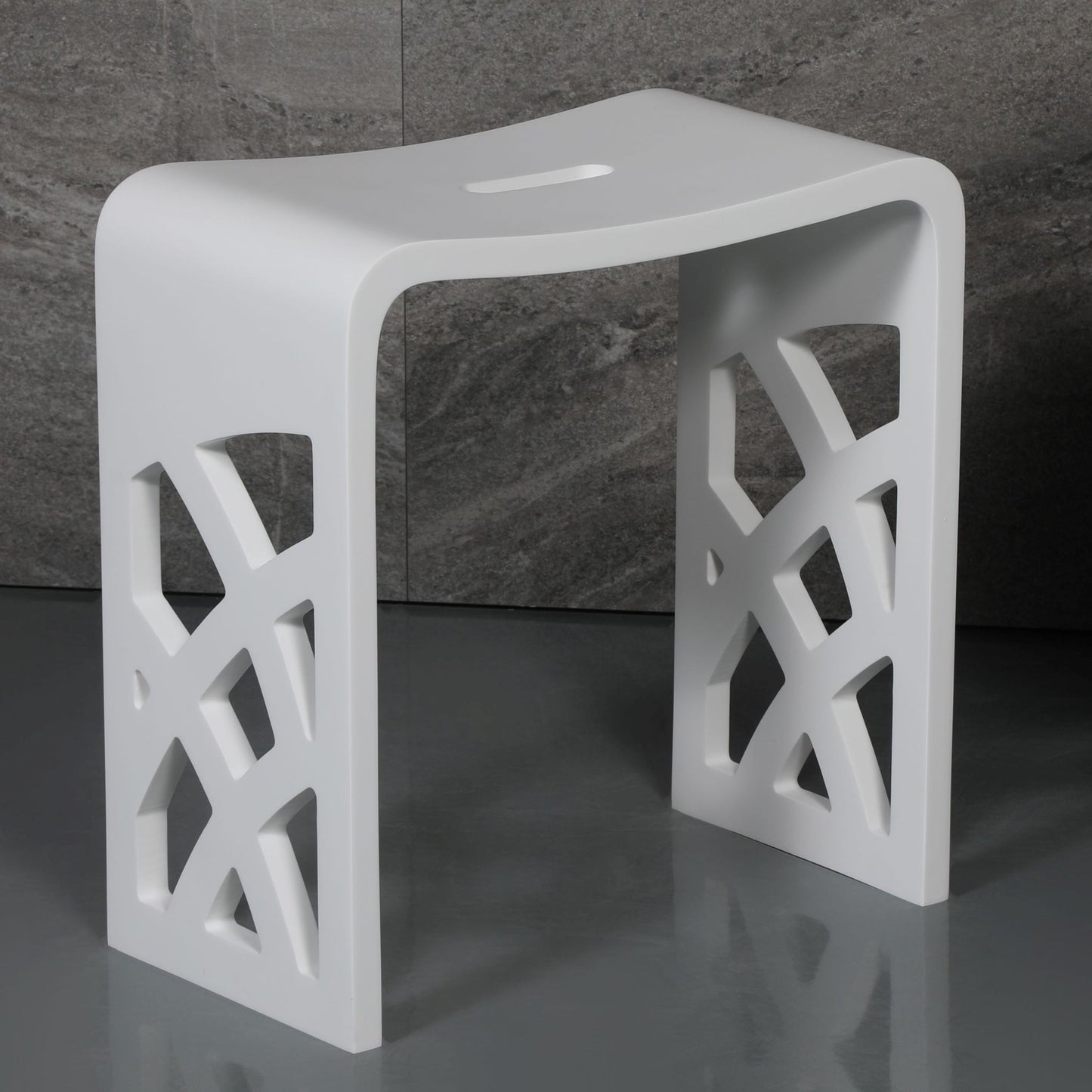 ALFI Brand White stool with lattice design on a dark gray background. - Luxe Tub Source