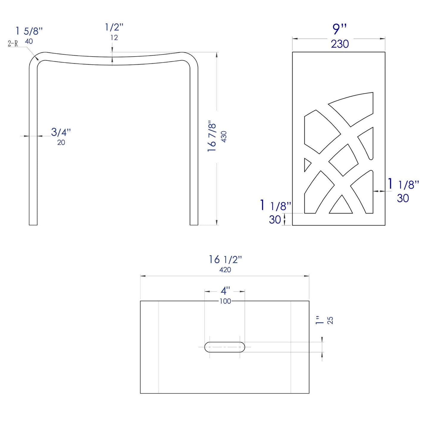 ALFI Brand technical drawing of a bathroom stool with dimensions and cut-out design. - Luxe Tub Source