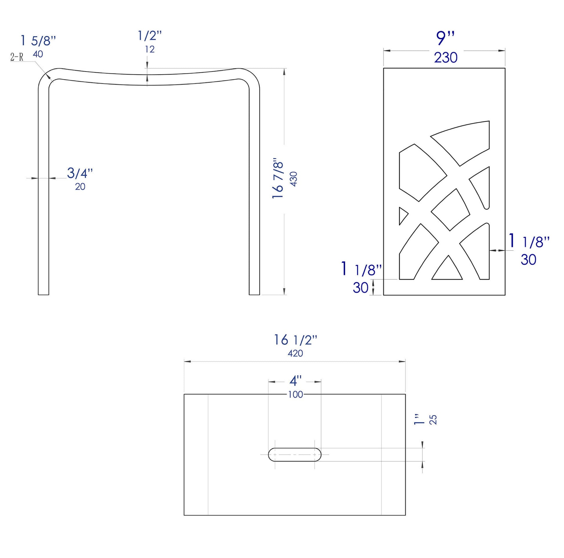 ALFI Brand technical drawing of a bathroom stool with dimensions and cut-out design. - Luxe Tub Source