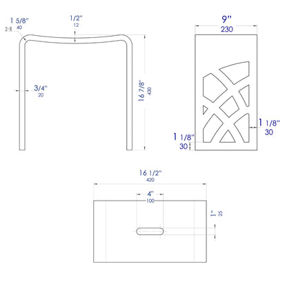 ALFI Brand technical drawing of a bathroom stool with dimensions and cut-out design. - Luxe Tub Source