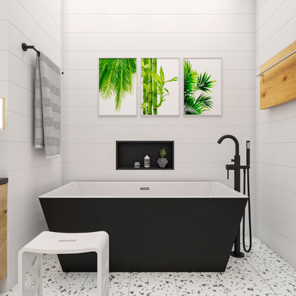ALFI Brand Modern bathroom with a black freestanding bathtub, white stool, and decorative wall art. - Luxe Tub Source