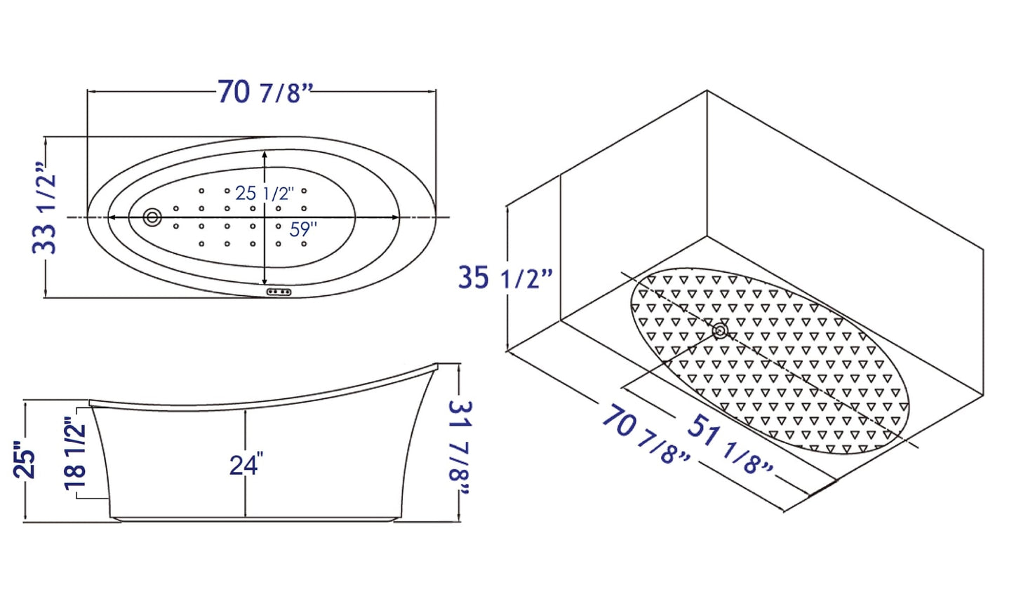 EAGO AM1800 70" White Free Standing Oval Air Bubble Bathtub