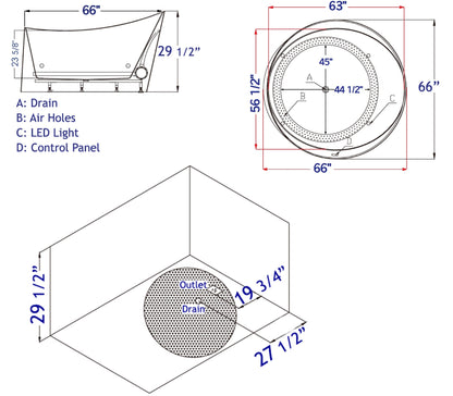 EAGO AM2130 66" Round Free Standing Acrylic Air Bubble Bathtub